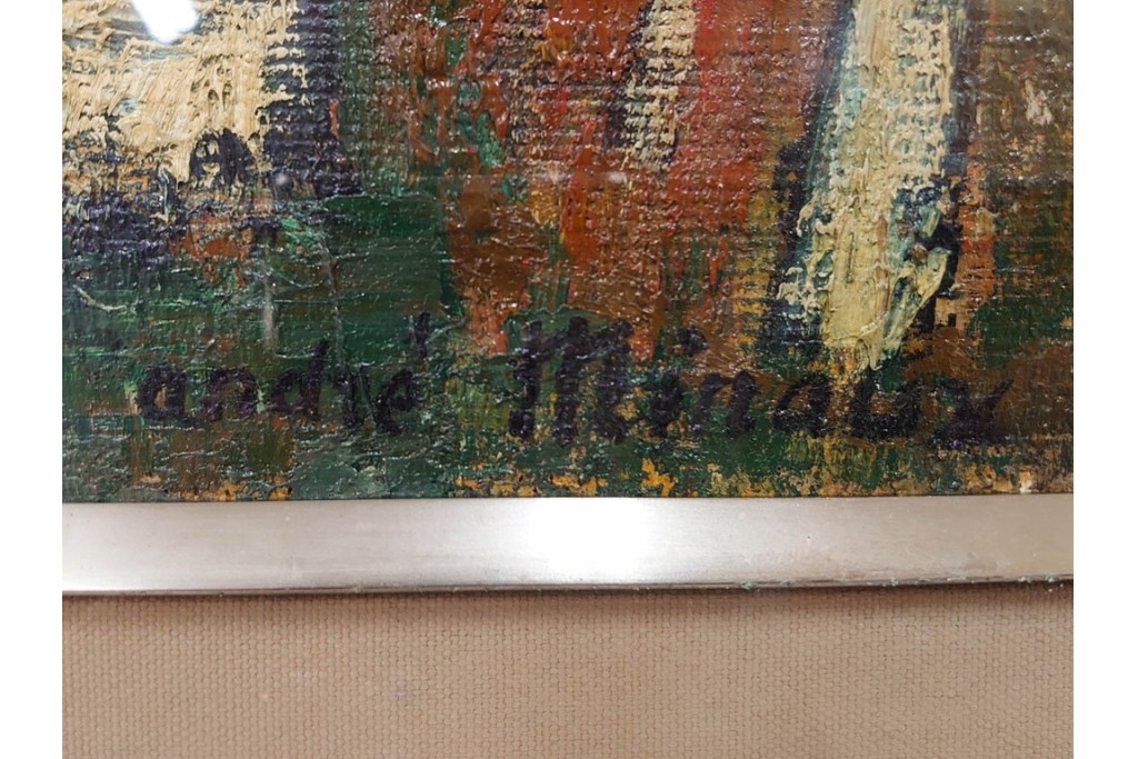 真作　アンドレ・ミノー(ANDRE MINAUX)　油彩　「樹林」　樹木と家並みを描いた絵画　外箱付き　(R-087304)