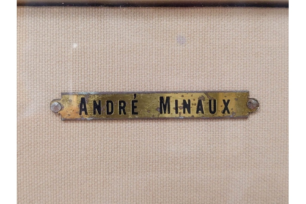 真作　アンドレ・ミノー(ANDRE MINAUX)　油彩　「樹林」　樹木と家並みを描いた絵画　外箱付き　(R-087304)