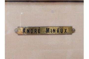 真作　アンドレ・ミノー(ANDRE MINAUX)　油彩　「樹林」　樹木と家並みを描いた絵画　外箱付き　(R-087304)