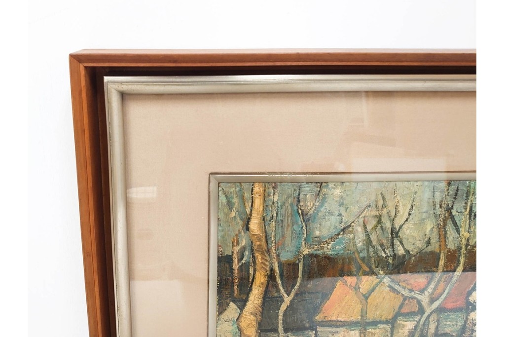 真作　アンドレ・ミノー(ANDRE MINAUX)　油彩　「樹林」　樹木と家並みを描いた絵画　外箱付き　(R-087304)