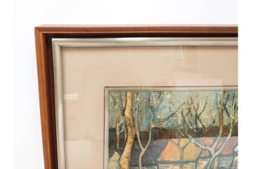 真作　アンドレ・ミノー(ANDRE MINAUX)　油彩　「樹林」　樹木と家並みを描いた絵画　外箱付き　(R-087304)