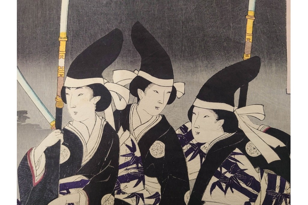 真作　明治期　楊洲周延　「千代田之大奥 おたち退」　勇ましい奥女中の姿が印象的な木版画の浮世絵　3枚続　(R-087305)
