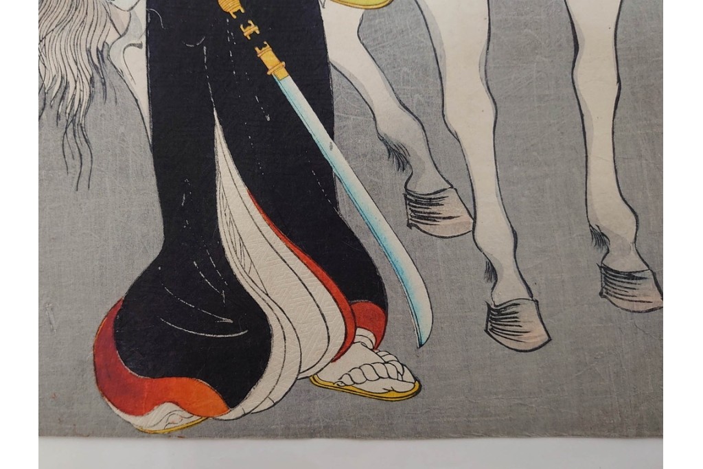 真作　明治期　楊洲周延　「千代田之大奥 おたち退」　勇ましい奥女中の姿が印象的な木版画の浮世絵　3枚続　(R-087305)