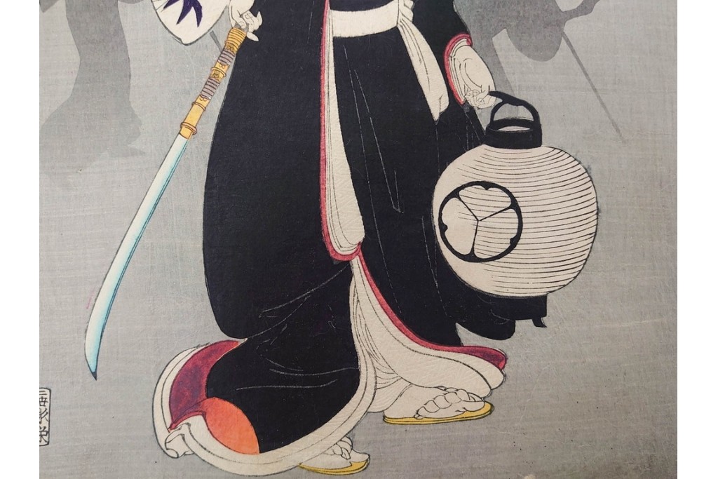 真作　明治期　楊洲周延　「千代田之大奥 おたち退」　勇ましい奥女中の姿が印象的な木版画の浮世絵　3枚続　(R-087305)