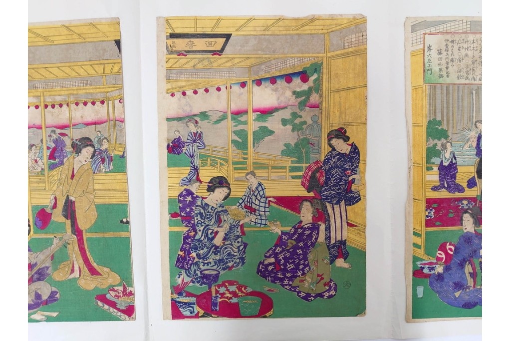 真作　明治期　楊洲周延　「上野国伊香保鉱泉 浴客病痾全快祝宴」　祝宴の様子を描いた木版画の浮世絵　3枚続　(R-087306)