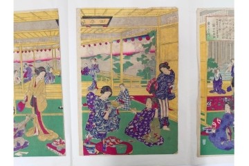 真作　明治期　楊洲周延　「上野国伊香保鉱泉 浴客病痾全快祝宴」　祝宴の様子を描いた木版画の浮世絵　3枚続　(R-087306)