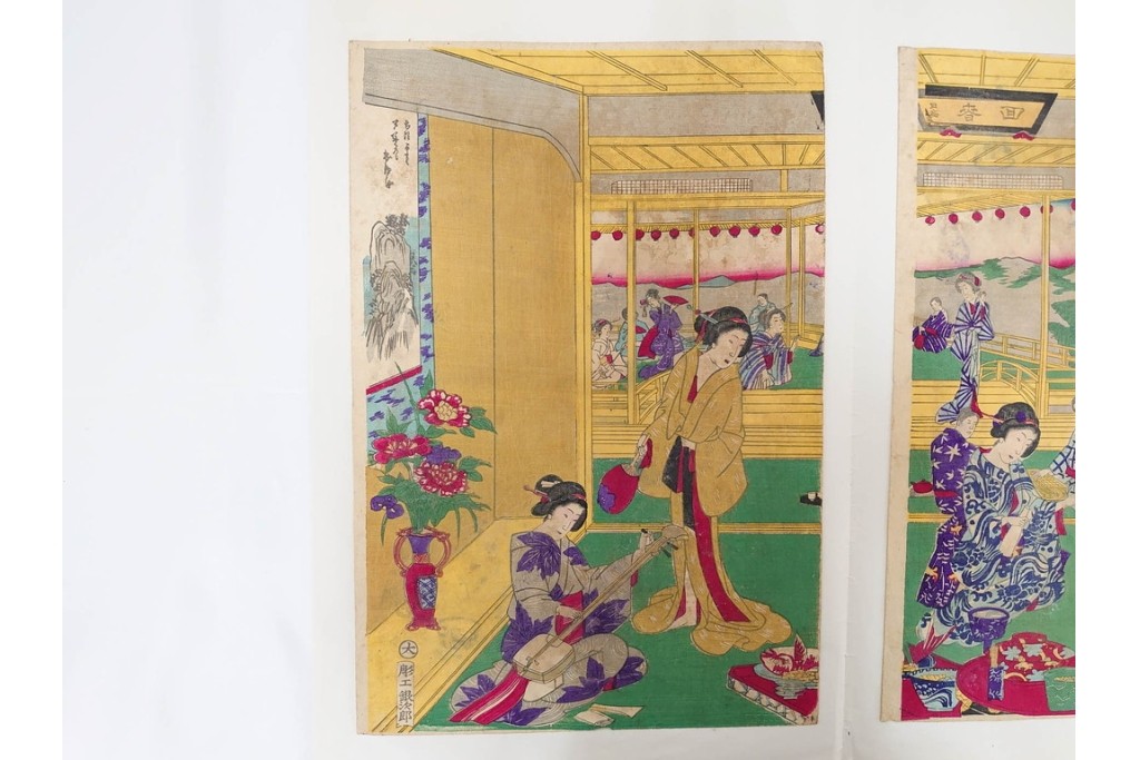 真作　明治期　楊洲周延　「上野国伊香保鉱泉 浴客病痾全快祝宴」　祝宴の様子を描いた木版画の浮世絵　3枚続　(R-087306)