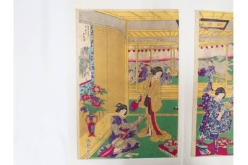 真作　明治期　楊洲周延　「上野国伊香保鉱泉 浴客病痾全快祝宴」　祝宴の様子を描いた木版画の浮世絵　3枚続　(R-087306)