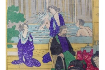 真作　明治期　楊洲周延　「上野国伊香保鉱泉 浴客病痾全快祝宴」　祝宴の様子を描いた木版画の浮世絵　3枚続　(R-087306)