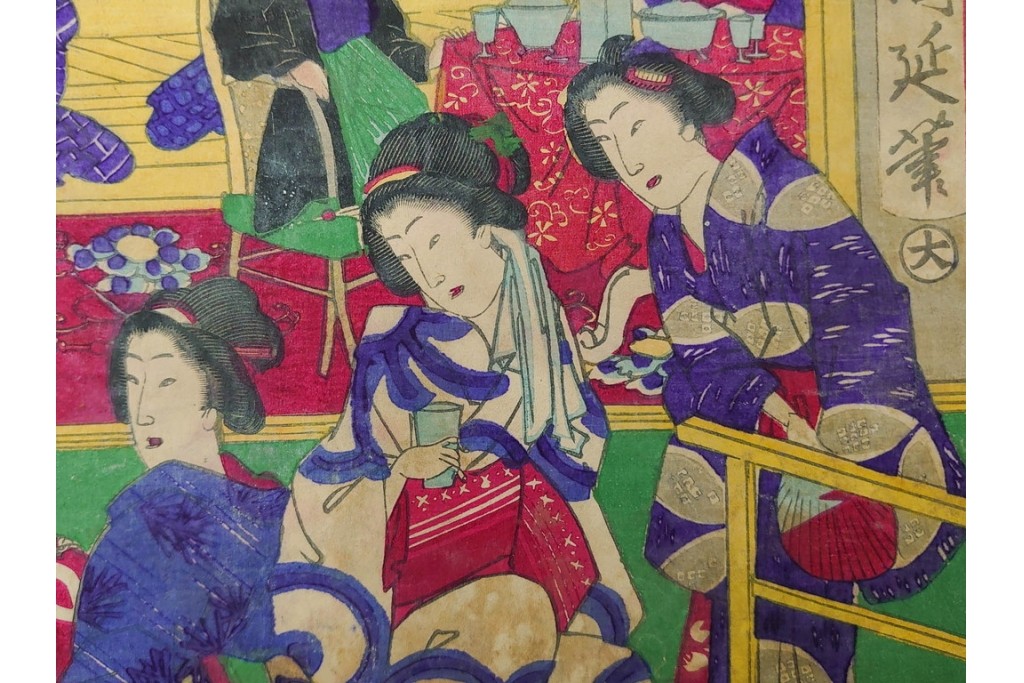 真作　明治期　楊洲周延　「上野国伊香保鉱泉 浴客病痾全快祝宴」　祝宴の様子を描いた木版画の浮世絵　3枚続　(R-087306)