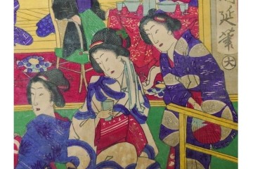 真作　明治期　楊洲周延　「上野国伊香保鉱泉 浴客病痾全快祝宴」　祝宴の様子を描いた木版画の浮世絵　3枚続　(R-087306)