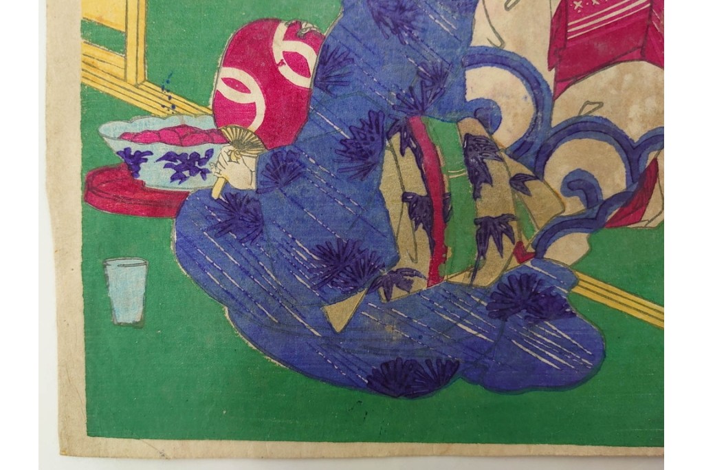 真作　明治期　楊洲周延　「上野国伊香保鉱泉 浴客病痾全快祝宴」　祝宴の様子を描いた木版画の浮世絵　3枚続　(R-087306)