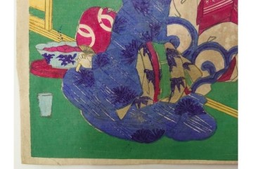 真作　明治期　楊洲周延　「上野国伊香保鉱泉 浴客病痾全快祝宴」　祝宴の様子を描いた木版画の浮世絵　3枚続　(R-087306)