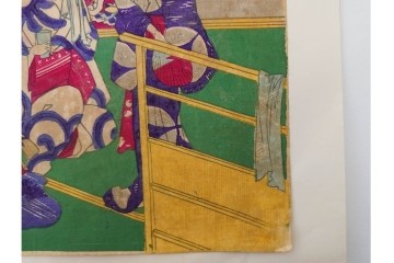 真作　明治期　楊洲周延　「上野国伊香保鉱泉 浴客病痾全快祝宴」　祝宴の様子を描いた木版画の浮世絵　3枚続　(R-087306)