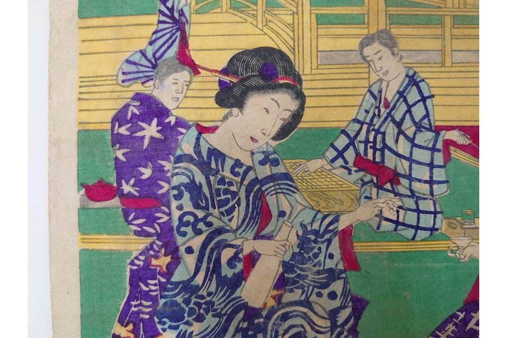 真作　明治期　楊洲周延　「上野国伊香保鉱泉 浴客病痾全快祝宴」　祝宴の様子を描いた木版画の浮世絵　3枚続　(R-087306)