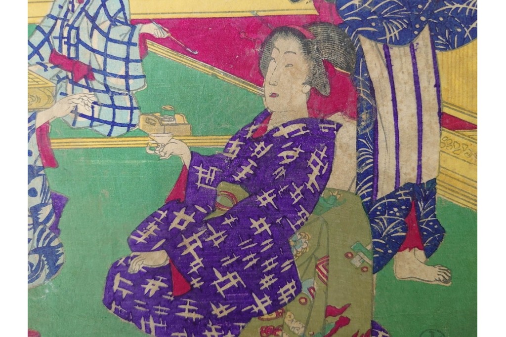 真作　明治期　楊洲周延　「上野国伊香保鉱泉 浴客病痾全快祝宴」　祝宴の様子を描いた木版画の浮世絵　3枚続　(R-087306)