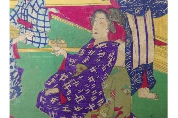 真作　明治期　楊洲周延　「上野国伊香保鉱泉 浴客病痾全快祝宴」　祝宴の様子を描いた木版画の浮世絵　3枚続　(R-087306)