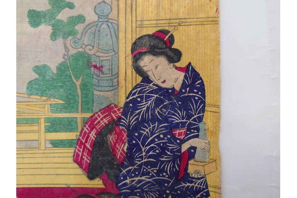 真作　明治期　楊洲周延　「上野国伊香保鉱泉 浴客病痾全快祝宴」　祝宴の様子を描いた木版画の浮世絵　3枚続　(R-087306)