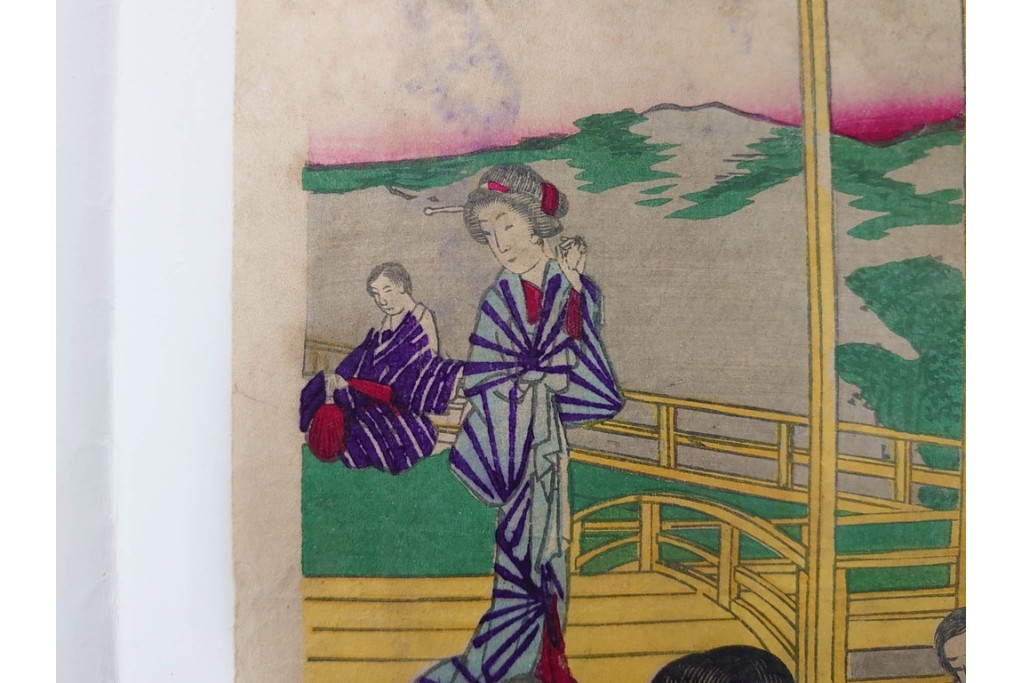 真作　明治期　楊洲周延　「上野国伊香保鉱泉 浴客病痾全快祝宴」　祝宴の様子を描いた木版画の浮世絵　3枚続　(R-087306)