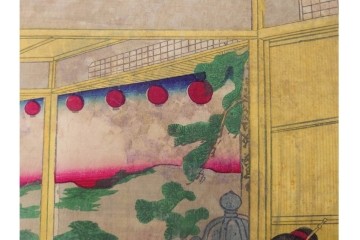 真作　明治期　楊洲周延　「上野国伊香保鉱泉 浴客病痾全快祝宴」　祝宴の様子を描いた木版画の浮世絵　3枚続　(R-087306)