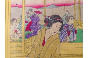 真作　明治期　楊洲周延　「上野国伊香保鉱泉 浴客病痾全快祝宴」　祝宴の様子を描いた木版画の浮世絵　3枚続　(R-087306)