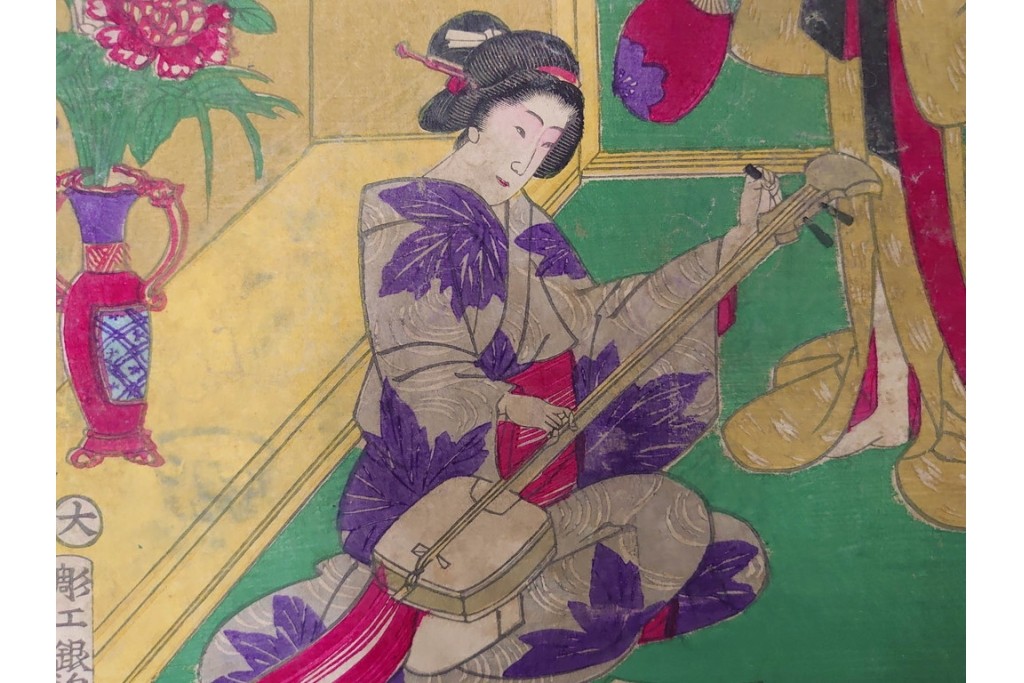 真作　明治期　楊洲周延　「上野国伊香保鉱泉 浴客病痾全快祝宴」　祝宴の様子を描いた木版画の浮世絵　3枚続　(R-087306)