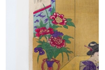 真作　明治期　楊洲周延　「上野国伊香保鉱泉 浴客病痾全快祝宴」　祝宴の様子を描いた木版画の浮世絵　3枚続　(R-087306)