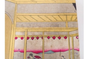 真作　明治期　楊洲周延　「上野国伊香保鉱泉 浴客病痾全快祝宴」　祝宴の様子を描いた木版画の浮世絵　3枚続　(R-087306)