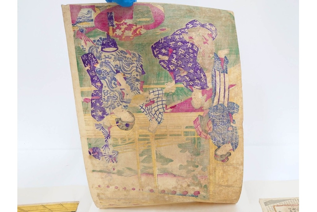 真作　明治期　楊洲周延　「上野国伊香保鉱泉 浴客病痾全快祝宴」　祝宴の様子を描いた木版画の浮世絵　3枚続　(R-087306)