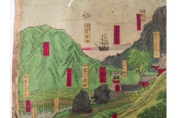 真作　明治期　歌川広重　「西国動中記」　各地の名所風景を描いた木版画の浮世絵　3枚続　(R-087308)
