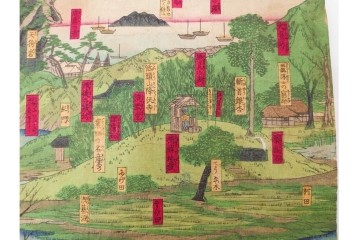 真作　明治期　歌川広重　「西国動中記」　各地の名所風景を描いた木版画の浮世絵　3枚続　(R-087308)
