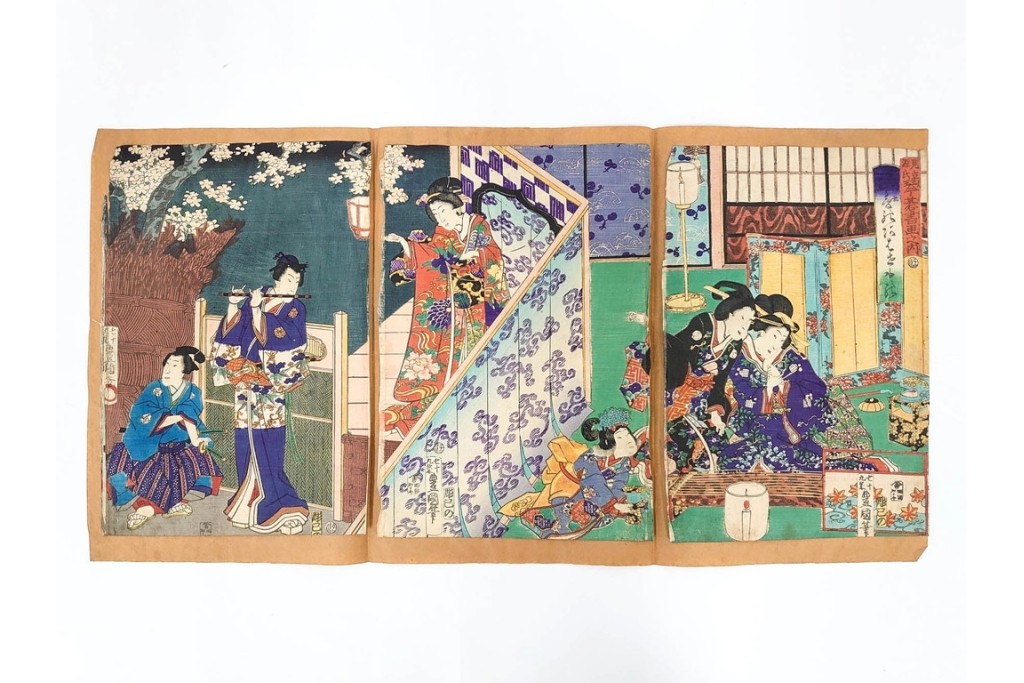 真作　歌川豊国　「見立源氏琴碁書画之内」　合奏の様子が描かれた木版画の浮世絵　3枚続　(R-087309)