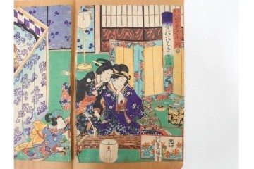 真作　歌川豊国　「見立源氏琴碁書画之内」　合奏の様子が描かれた木版画の浮世絵　3枚続　(R-087309)