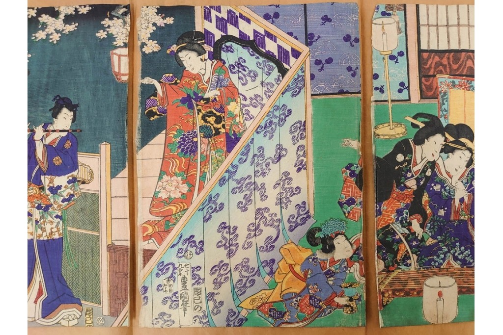 真作　歌川豊国　「見立源氏琴碁書画之内」　合奏の様子が描かれた木版画の浮世絵　3枚続　(R-087309)