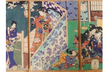 真作　歌川豊国　「見立源氏琴碁書画之内」　合奏の様子が描かれた木版画の浮世絵　3枚続　(R-087309)