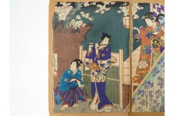 真作　歌川豊国　「見立源氏琴碁書画之内」　合奏の様子が描かれた木版画の浮世絵　3枚続　(R-087309)