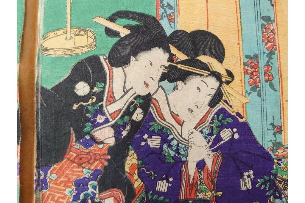 真作　歌川豊国　「見立源氏琴碁書画之内」　合奏の様子が描かれた木版画の浮世絵　3枚続　(R-087309)