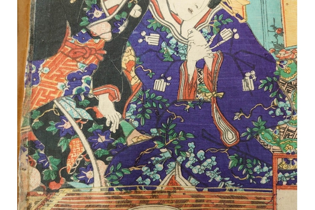 真作　歌川豊国　「見立源氏琴碁書画之内」　合奏の様子が描かれた木版画の浮世絵　3枚続　(R-087309)