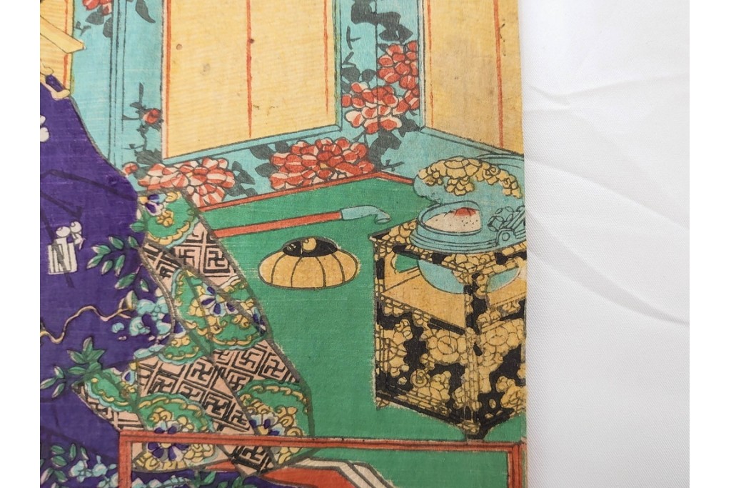 真作　歌川豊国　「見立源氏琴碁書画之内」　合奏の様子が描かれた木版画の浮世絵　3枚続　(R-087309)