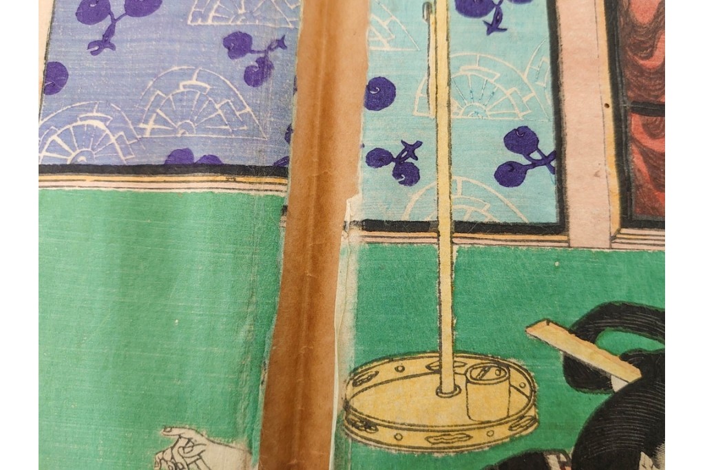 真作　歌川豊国　「見立源氏琴碁書画之内」　合奏の様子が描かれた木版画の浮世絵　3枚続　(R-087309)