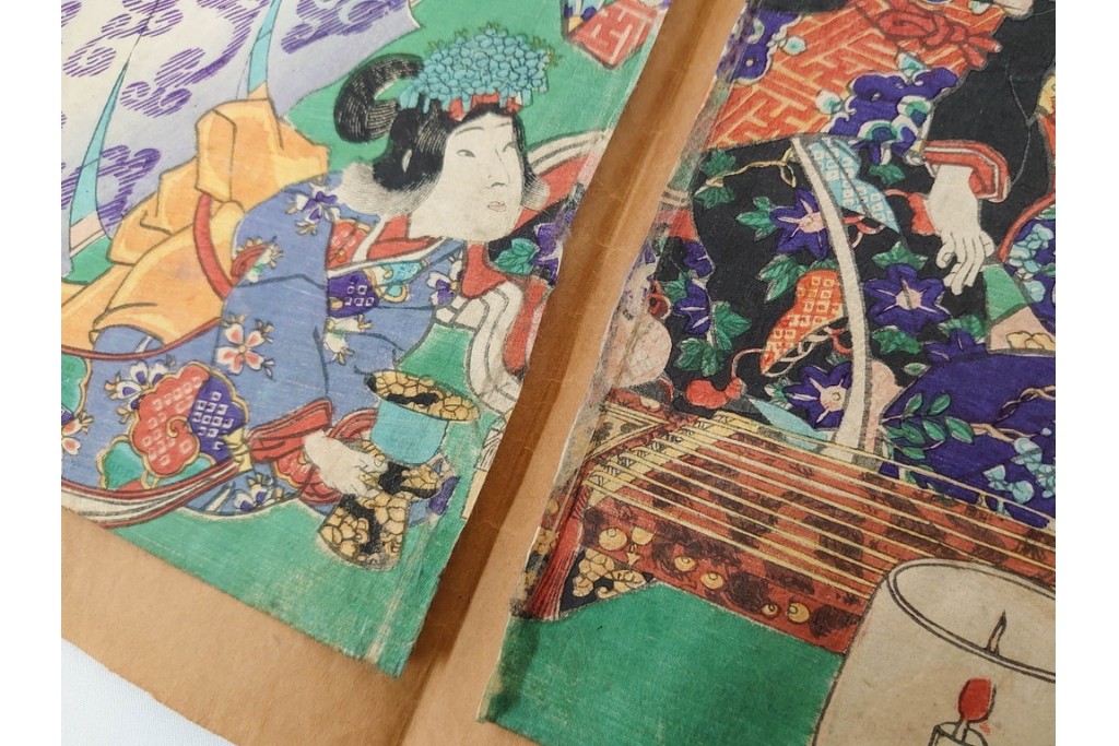 真作　歌川豊国　「見立源氏琴碁書画之内」　合奏の様子が描かれた木版画の浮世絵　3枚続　(R-087309)