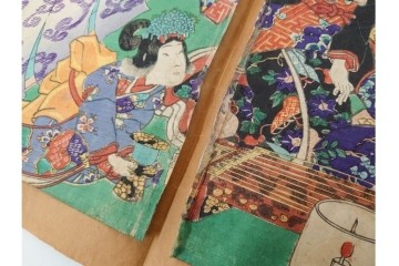 真作　歌川豊国　「見立源氏琴碁書画之内」　合奏の様子が描かれた木版画の浮世絵　3枚続　(R-087309)