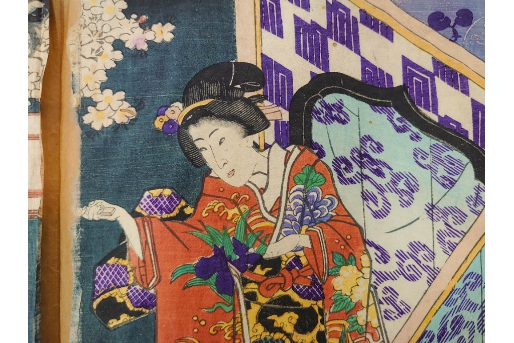 真作　歌川豊国　「見立源氏琴碁書画之内」　合奏の様子が描かれた木版画の浮世絵　3枚続　(R-087309)