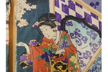 真作　歌川豊国　「見立源氏琴碁書画之内」　合奏の様子が描かれた木版画の浮世絵　3枚続　(R-087309)