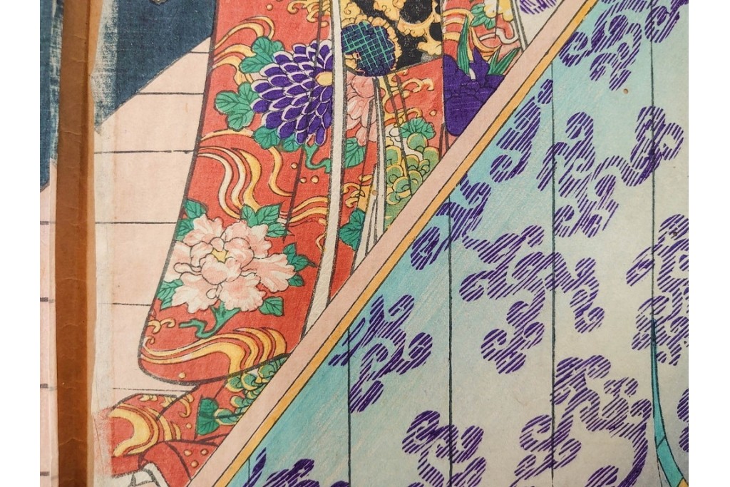 真作　歌川豊国　「見立源氏琴碁書画之内」　合奏の様子が描かれた木版画の浮世絵　3枚続　(R-087309)