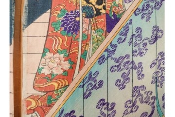 真作　歌川豊国　「見立源氏琴碁書画之内」　合奏の様子が描かれた木版画の浮世絵　3枚続　(R-087309)