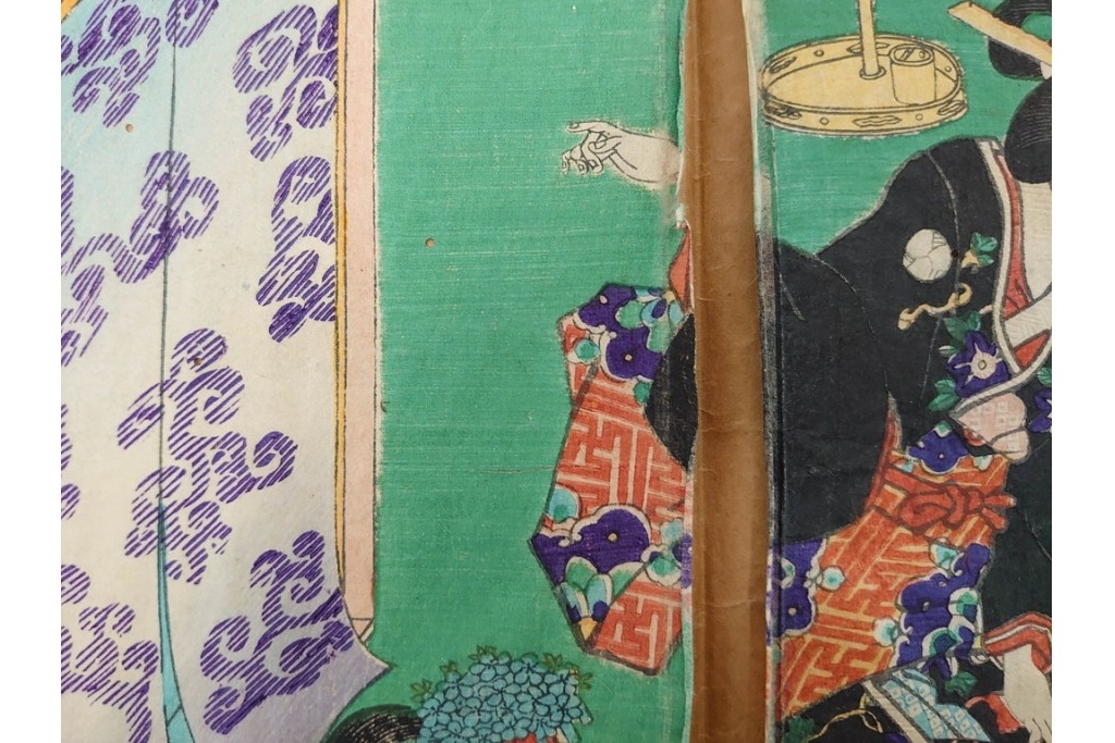 真作　歌川豊国　「見立源氏琴碁書画之内」　合奏の様子が描かれた木版画の浮世絵　3枚続　(R-087309)