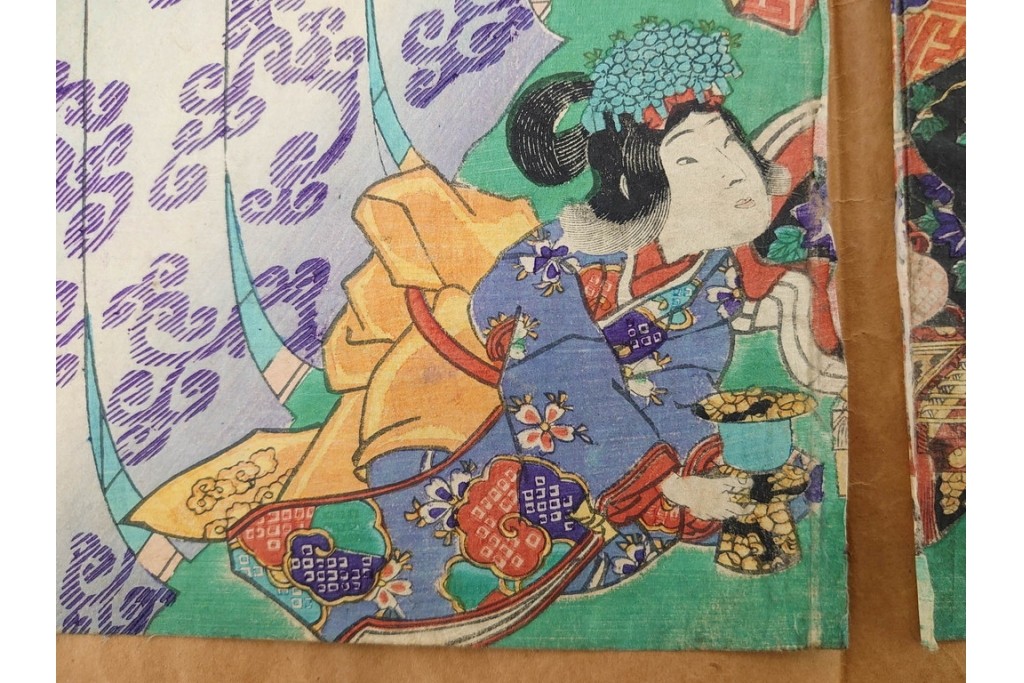 真作　歌川豊国　「見立源氏琴碁書画之内」　合奏の様子が描かれた木版画の浮世絵　3枚続　(R-087309)