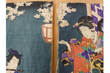 真作　歌川豊国　「見立源氏琴碁書画之内」　合奏の様子が描かれた木版画の浮世絵　3枚続　(R-087309)