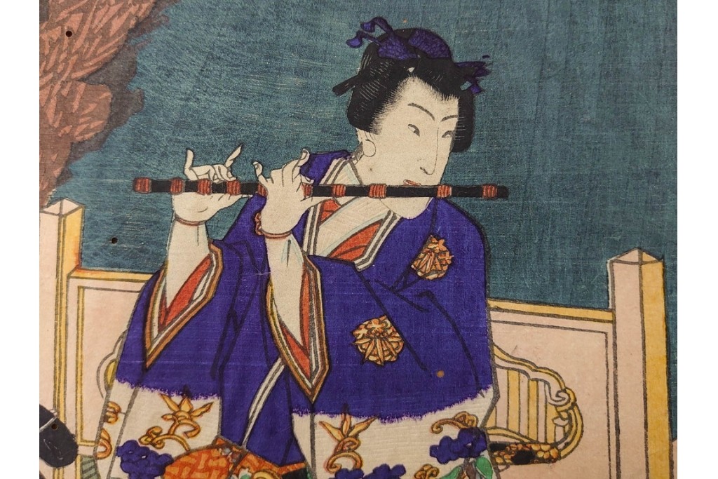 真作　歌川豊国　「見立源氏琴碁書画之内」　合奏の様子が描かれた木版画の浮世絵　3枚続　(R-087309)